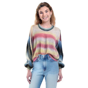 Storia Women’s Multi-Colored Ombré Chunky Knit Balloon Sleeve Crewneck Sweater